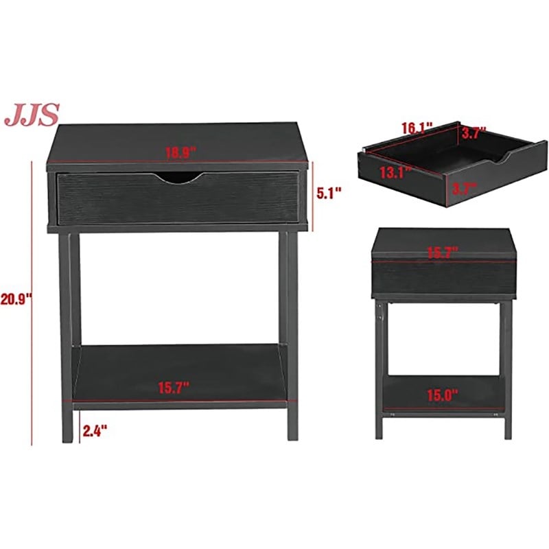Pemberly Row Wood Side End Table with Drawer and Storage Shelves in Black