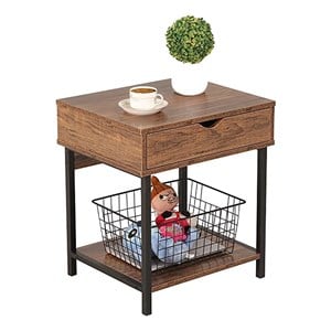 Pemberly Row Wood Side End Table with Drawer and Storage Shelves in Brown