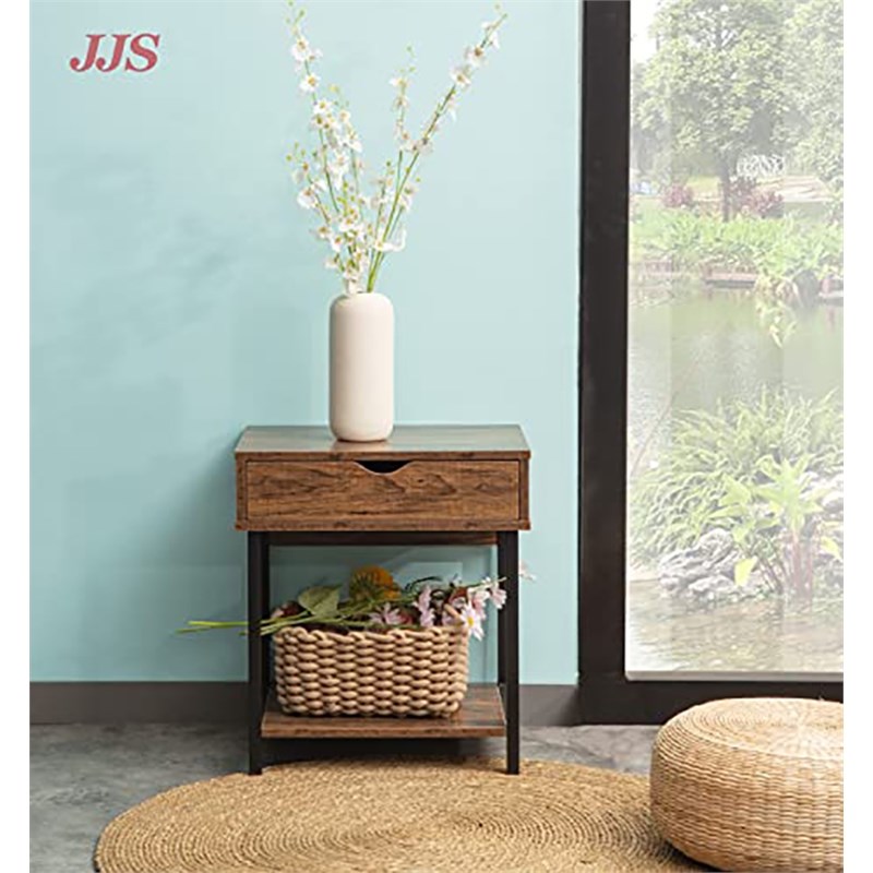 Pemberly Row Wood Side End Table with Drawer and Storage Shelves in Brown