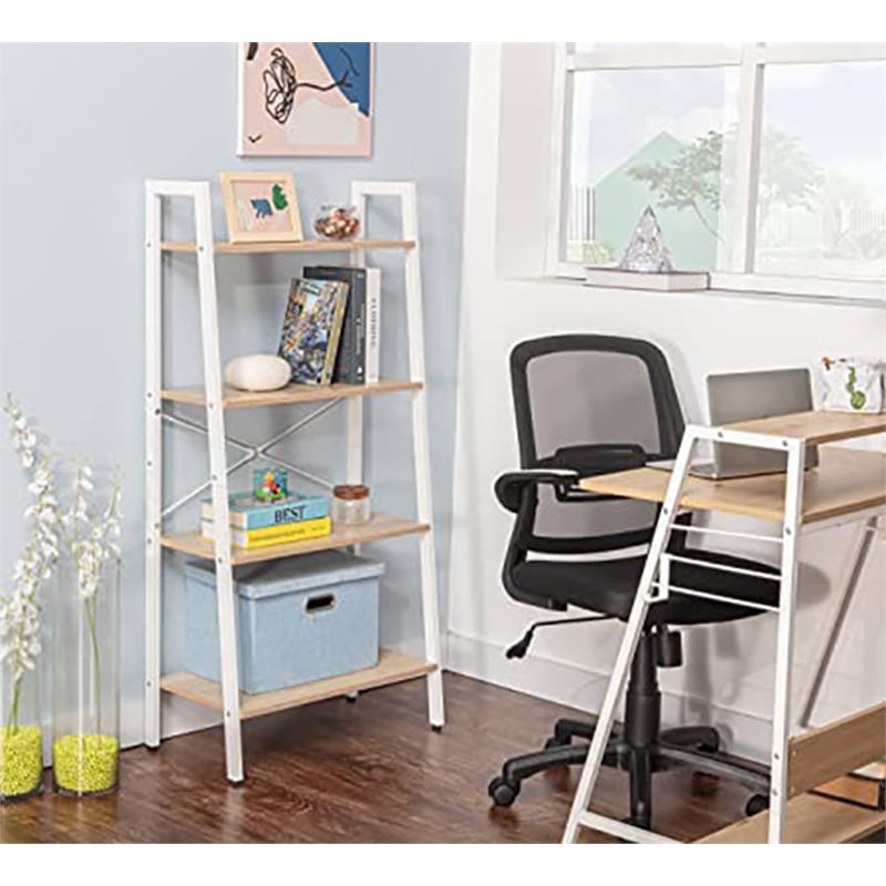 Pemberly Row 4-Tier Wood Display Bookcase with Storage Rack Shelf in Oak/White