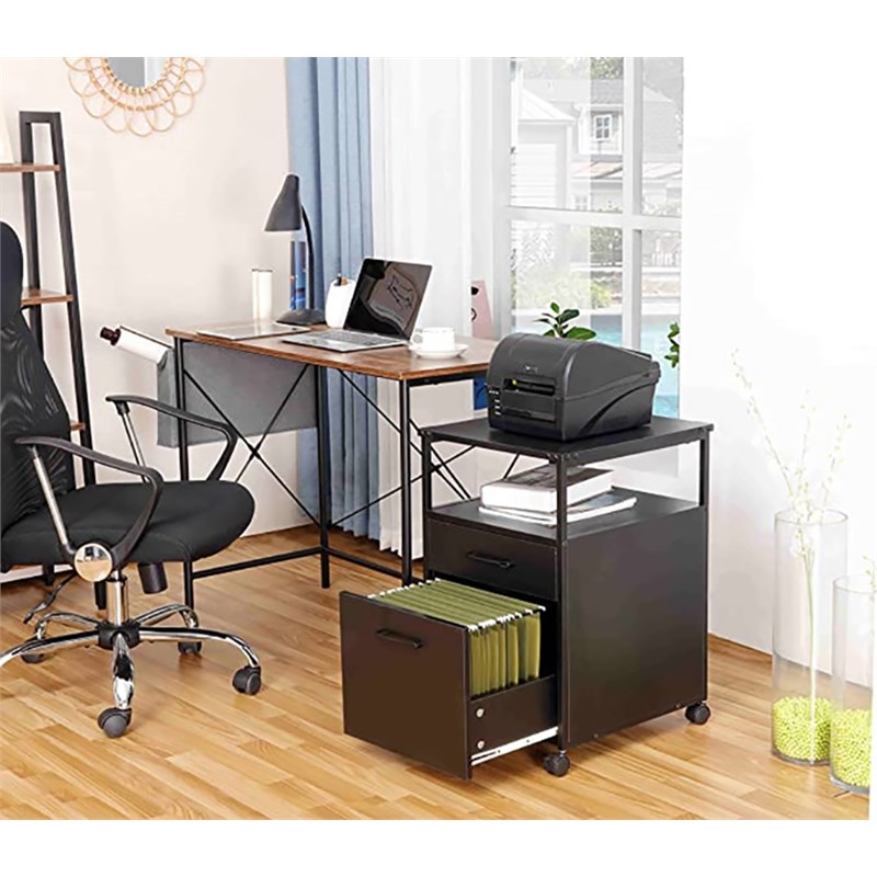 Pemberly Row Mobile Open Shelf Home Office Filing Cabinet Printer Stand in Black