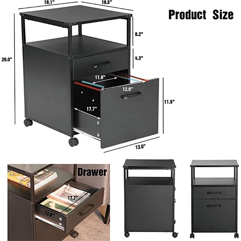 Pemberly Row Mobile Open Shelf Home Office Filing Cabinet Printer Stand in Black