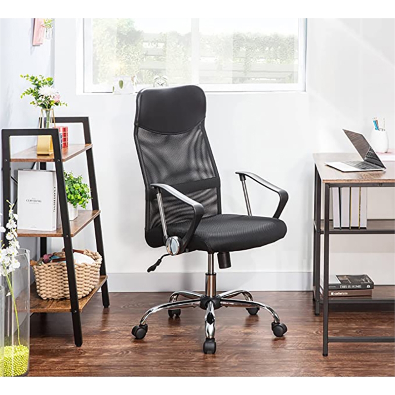 Pemberly Row Metal Rolling Executive Chair with High Back Swivel in Black