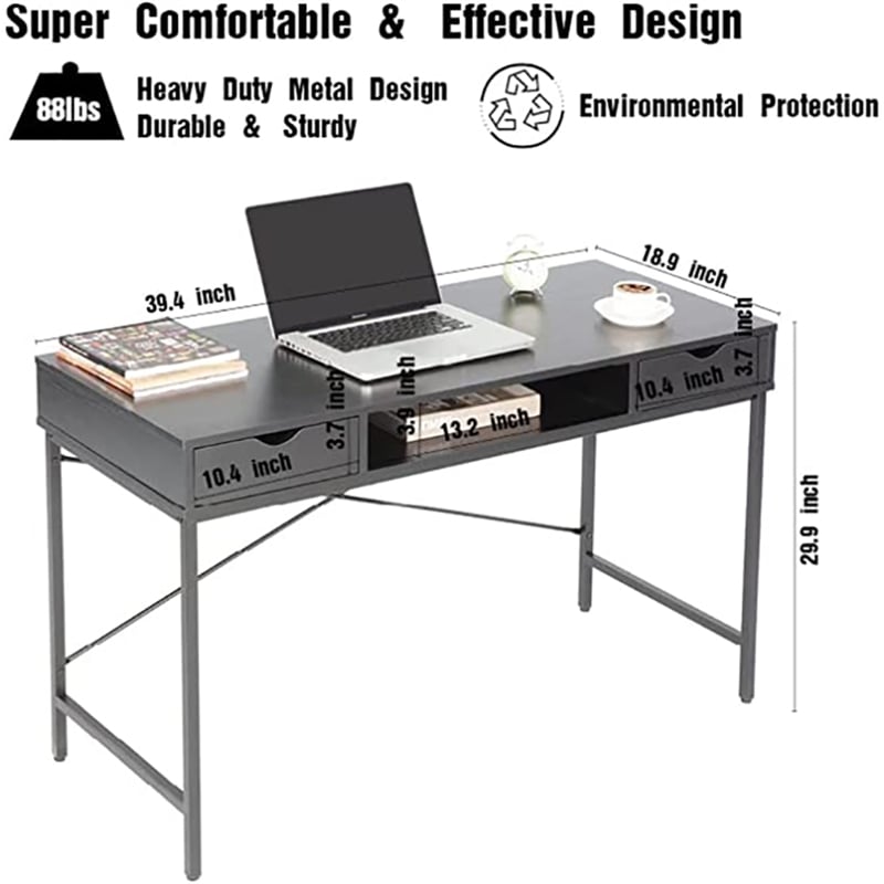 Pemberly Row Large Writing Desk with Drawer USB Ports Charging Station in Black