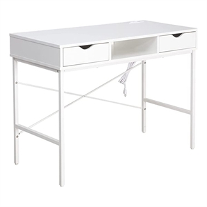 Pemberly Row Large Writing Desk with Drawer USB Ports Charging Station in White