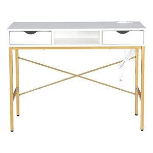 Pemberly Row Large White/Golden Writing Desk with USB Ports Charging Station
