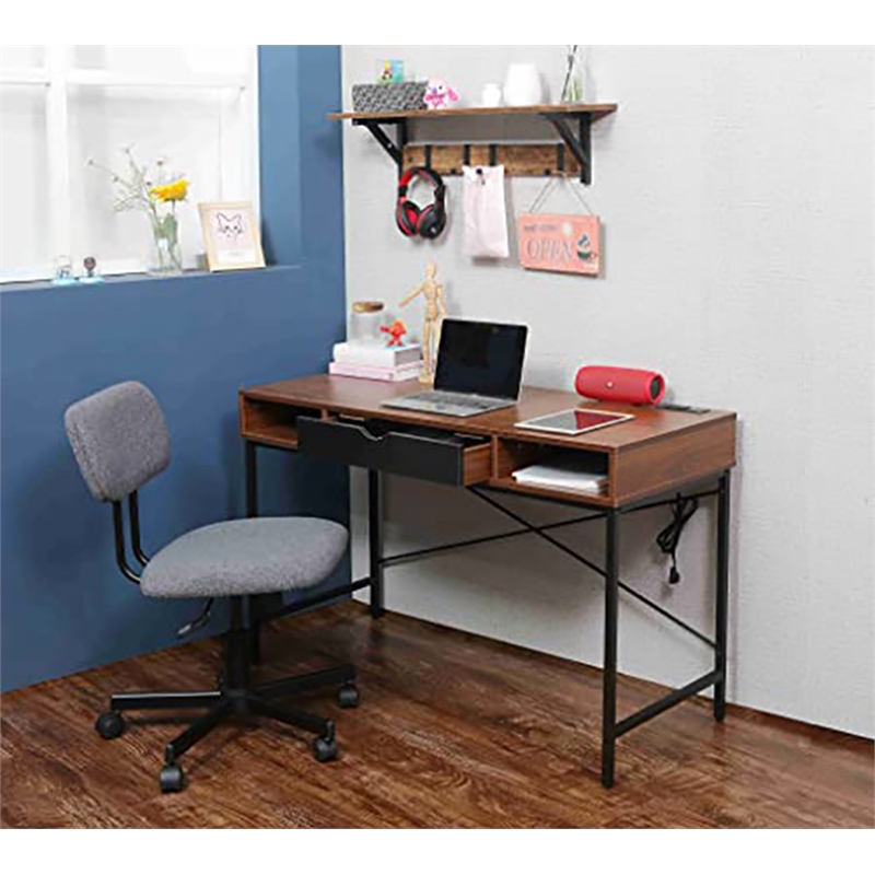 Pemberly Row Large Writing Desk w/ Drawer USB Ports Charging Station in Brown