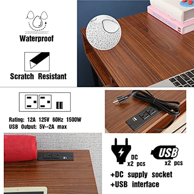 Pemberly Row Large Writing Desk w/ Drawer USB Ports Charging Station in Brown