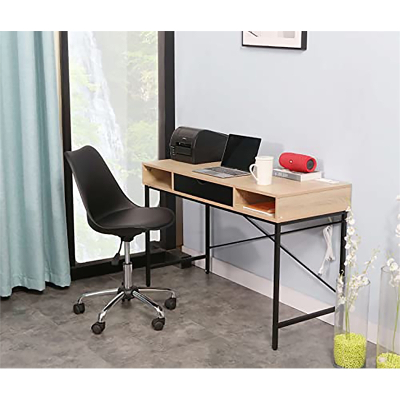 Pemberly Row Writing Desk w/ Drawer USB Ports Charging Station in Oak/Black
