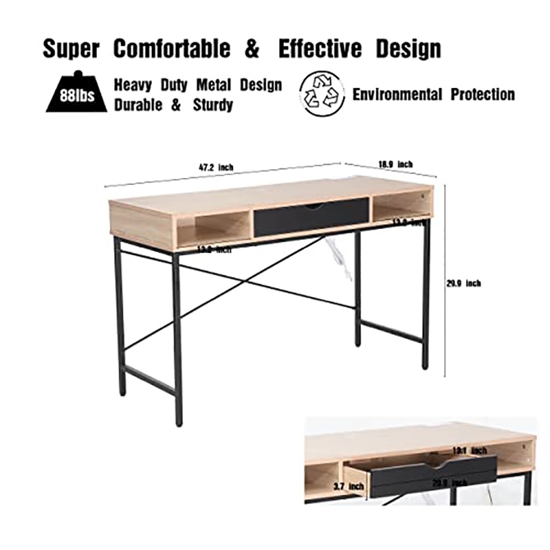 Pemberly Row Writing Desk w/ Drawer USB Ports Charging Station in Oak/Black