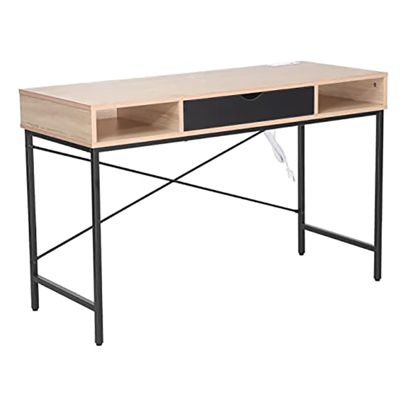 Pemberly Row Writing Desk w/ Drawer USB Ports Charging Station in Oak/Black