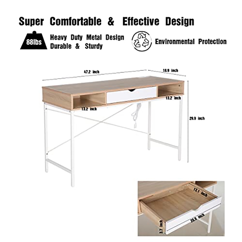 Pemberly Row Writing Desk w/ Drawer USB Ports Charging Station in Oak/White