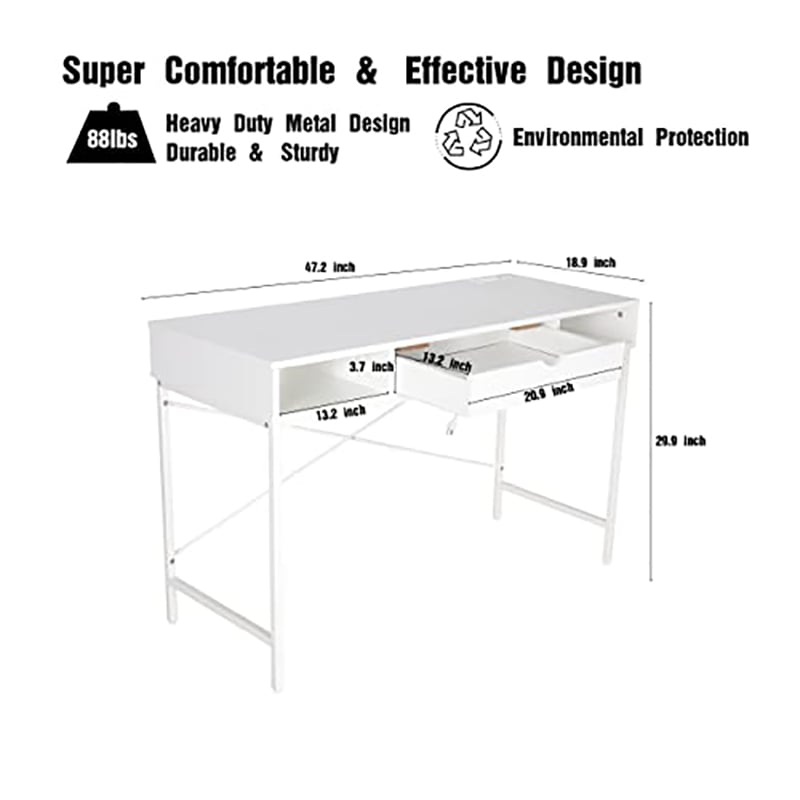 Pemberly Row Large Writing Desk w/ Drawer USB Ports Charging Station in White