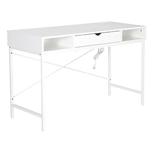 Pemberly Row Large Writing Desk w/ Drawer USB Ports Charging Station in White