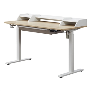 Pemberly Row 55&quot Electric Standing Desk with Hutch and Drawer in Natural/White