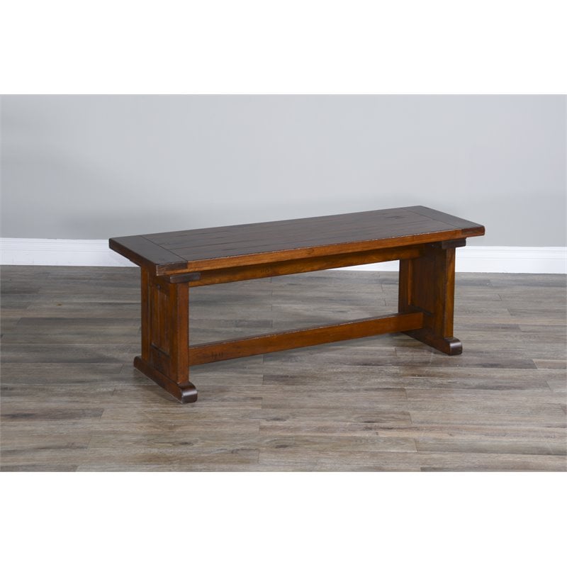 Pemberly Row Farmhouse Mahogany Wood Nook Side Bench in Medium Brown