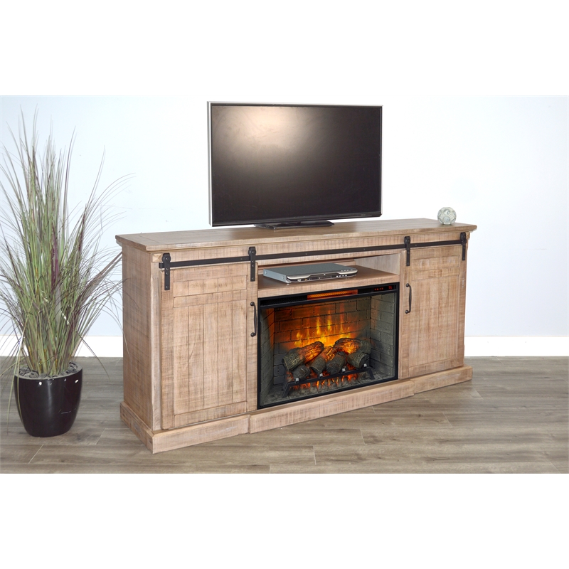 Pemberly Row Mahogany TV Console with Fireplace Option in Light Brown