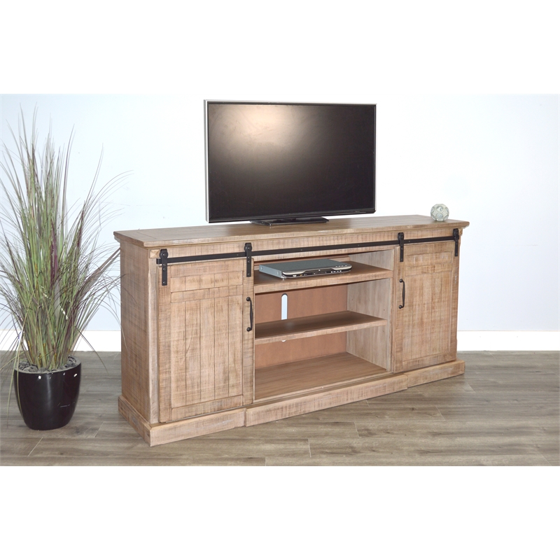 Pemberly Row Mahogany TV Console with Fireplace Option in Light Brown
