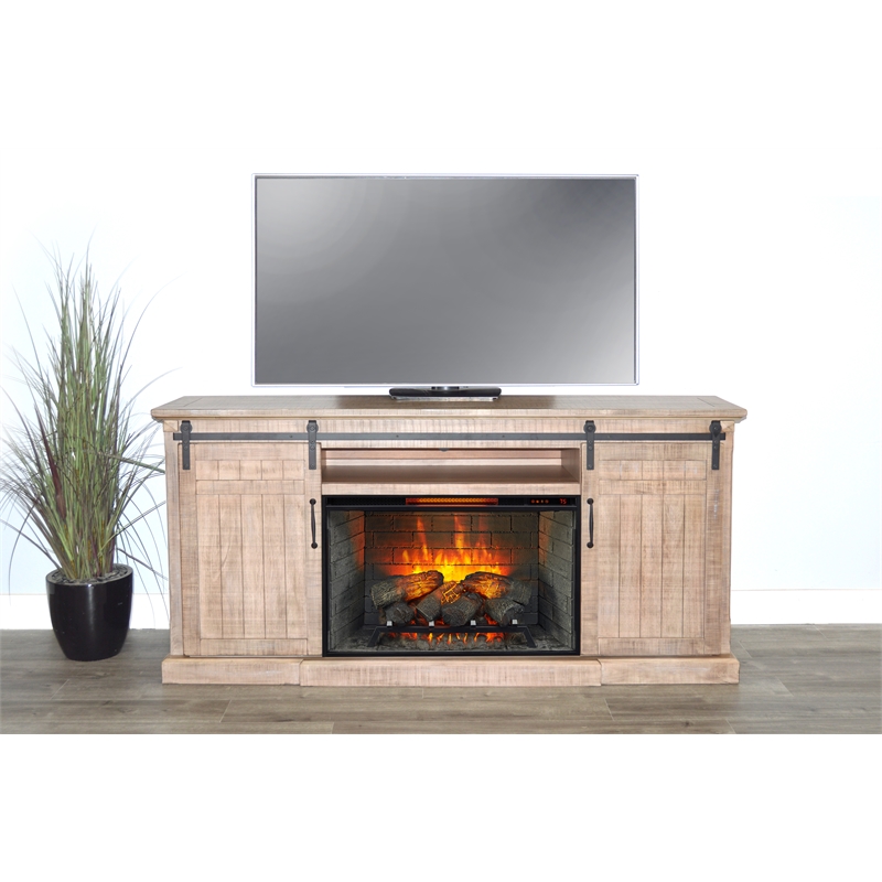Pemberly Row Mahogany TV Console with Fireplace Option in Light Brown