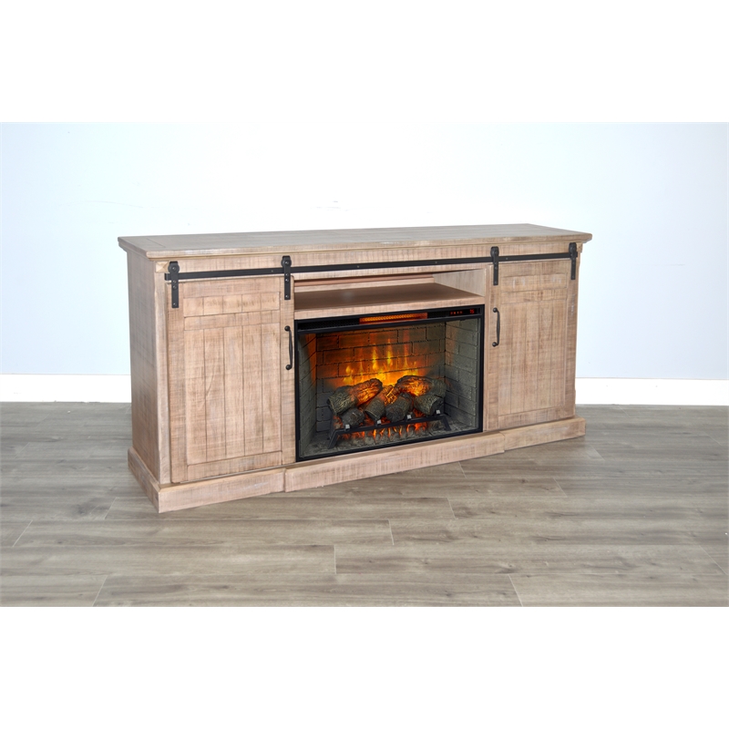 Pemberly Row Mahogany TV Console with Fireplace Option in Light Brown