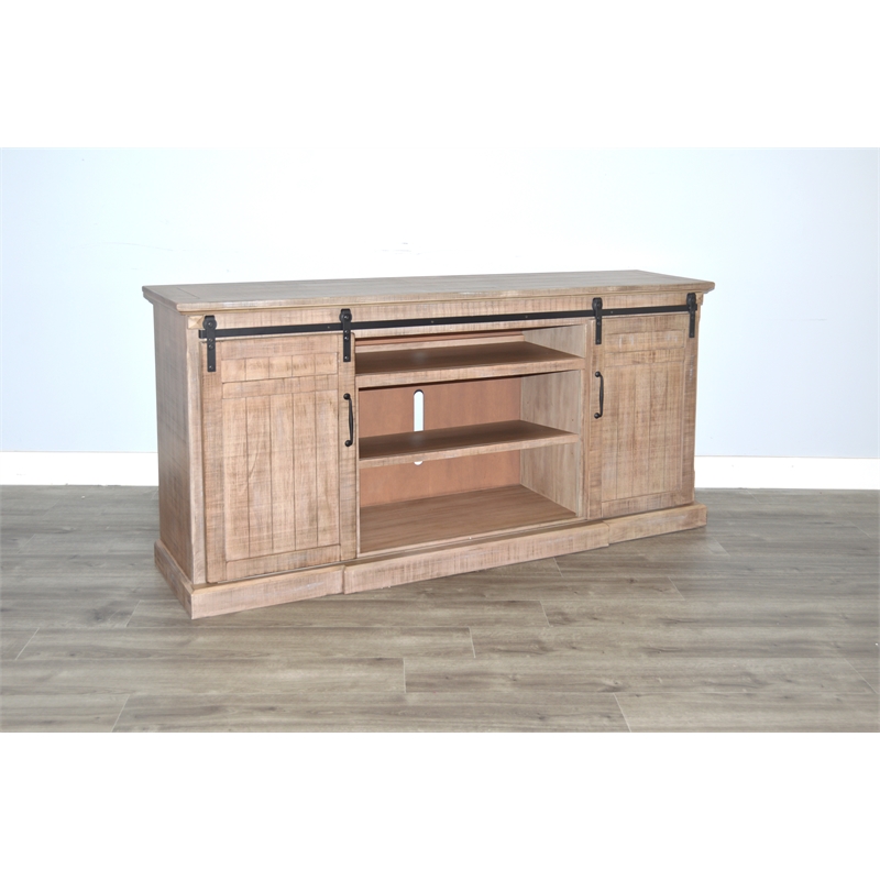 Pemberly Row Mahogany TV Console with Fireplace Option in Light Brown