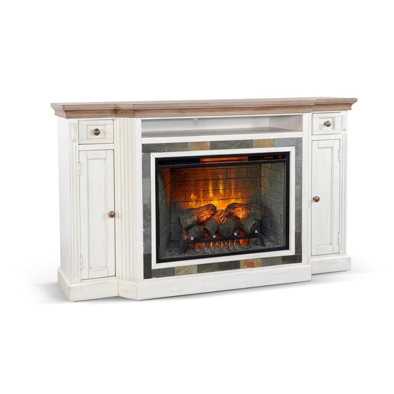 Pemberly Row Traditional Mahogany TV Console in Marble White/Buckskin