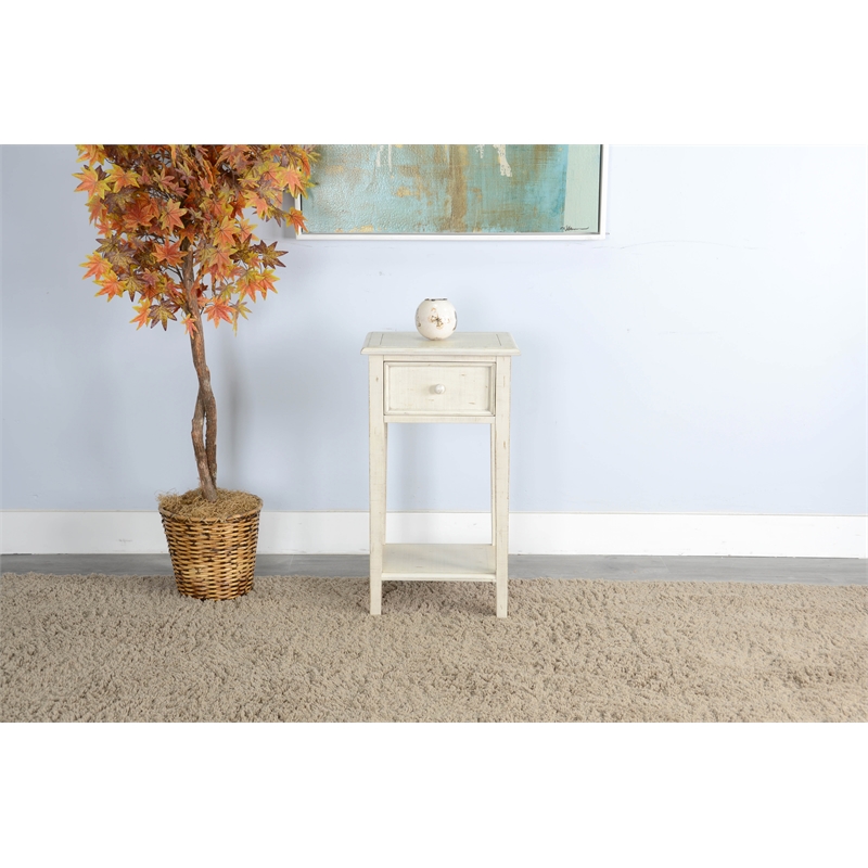 Pemberly Row Traditional White Sand Wood Side Table with Drawer