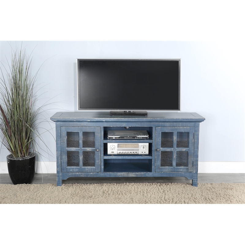 Pemberly Row Solid Wood Traditional Ocean Blue Finish TV Console