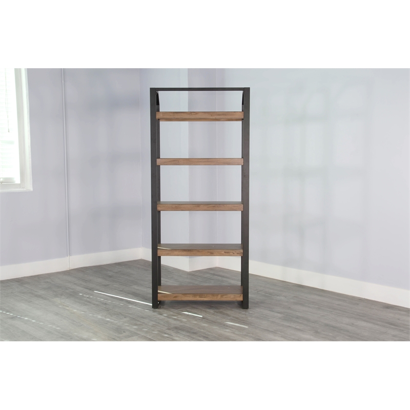 Pemberly Row Mid-Century Metal Frame Bookcase in Natural Finish