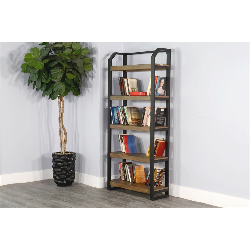 Pemberly Row Mid-Century Metal Frame Bookcase in Natural Finish