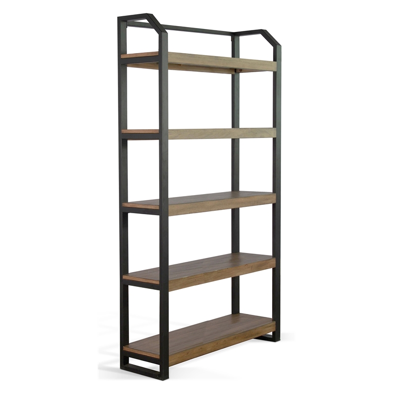 Pemberly Row Mid-Century Metal Frame Bookcase in Natural Finish
