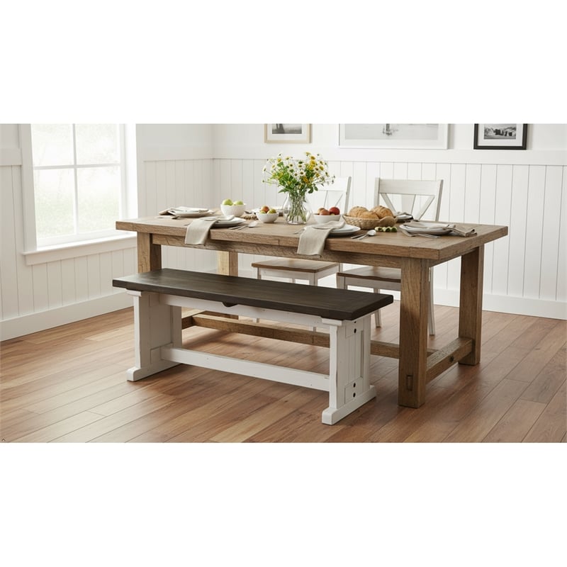 Pemberly Row Farmhouse Solid Wood Dining Bench in Brown/White