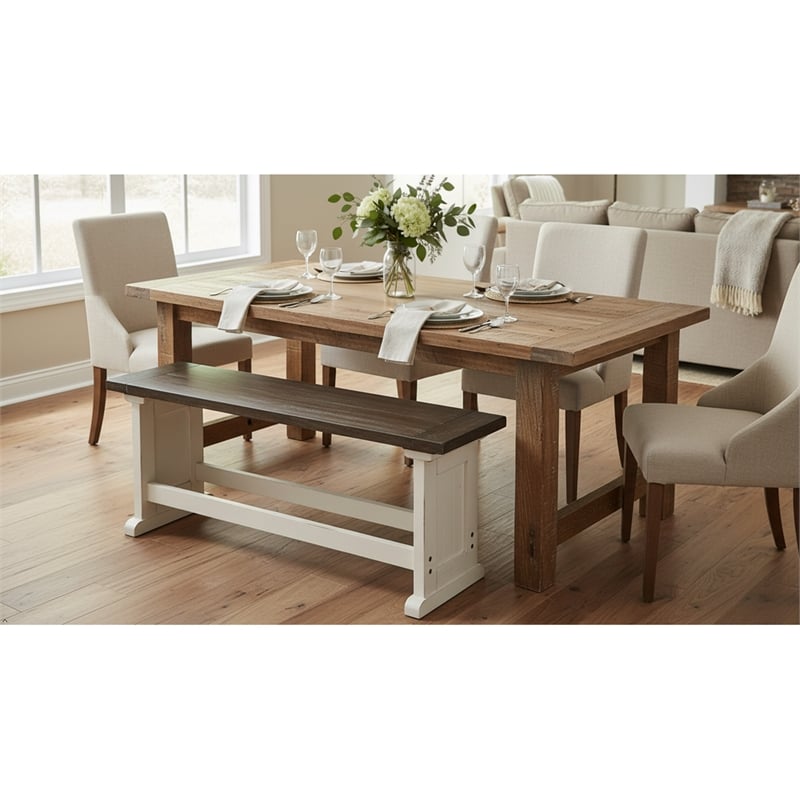 Pemberly Row Farmhouse Solid Wood Dining Bench in Brown/White