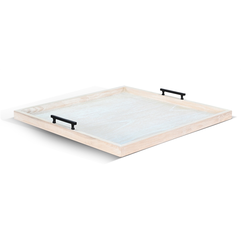 Pemberly Row Wood Natural Farmhouse Square Tessa Ottoman Tray