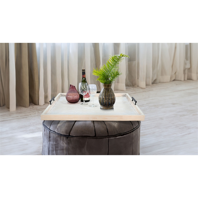 Pemberly Row Wood Natural Farmhouse Square Tessa Ottoman Tray