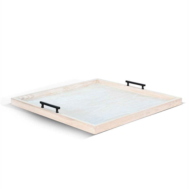 Pemberly Row Wood Natural Farmhouse Square Tessa Ottoman Tray