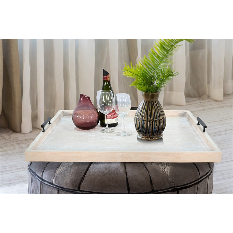 Pemberly Row Wood Natural Farmhouse Square Tessa Ottoman Tray