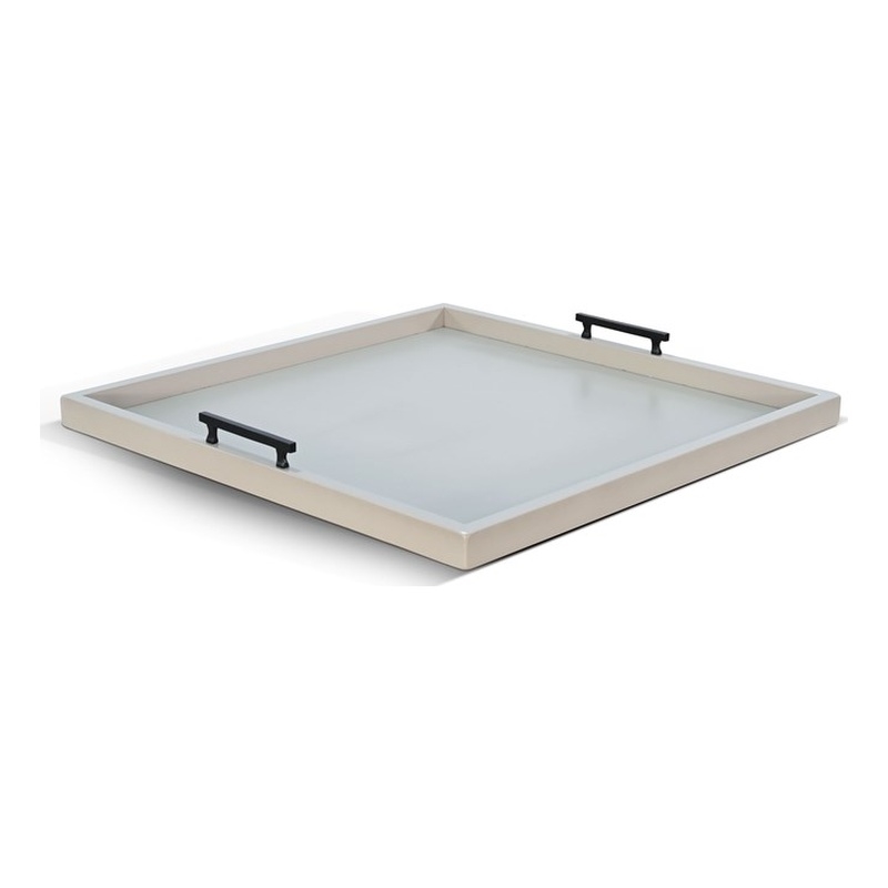 Pemberly Row Wood Farmhouse Square Tessa Ottoman Tray in Light Gray
