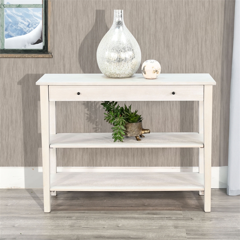 Pemberly Row Solid Wood Small Wood Tier Shelf Console Table in Light Gray