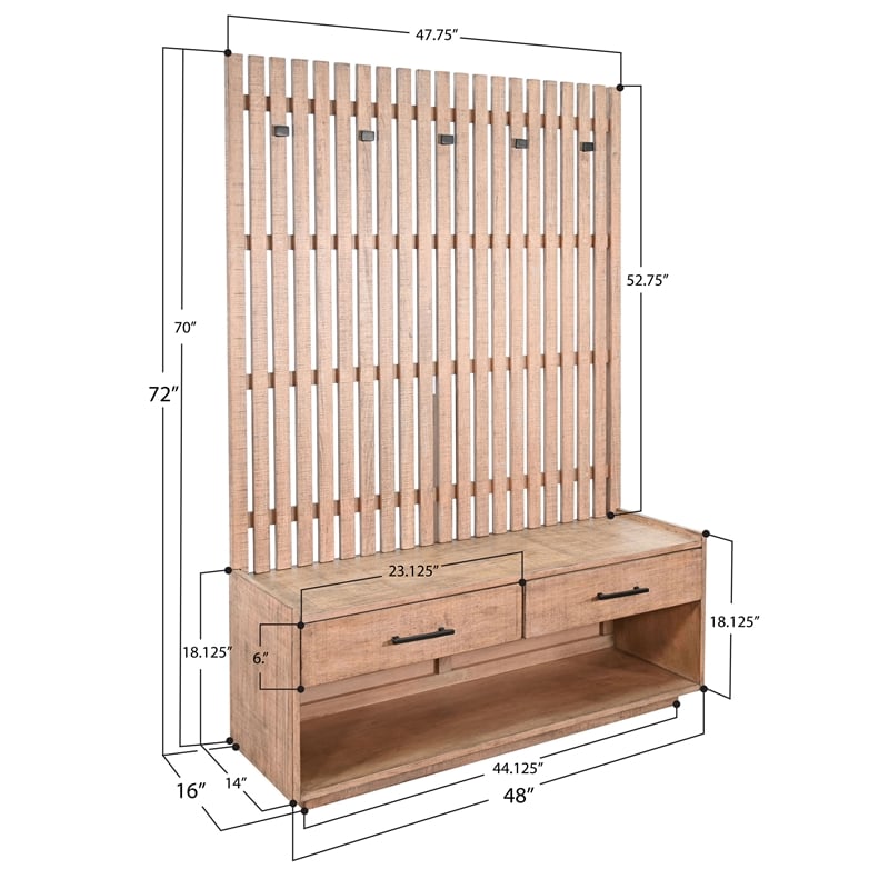 Pemberly Row Natural Contemporary Solid Wood Hall Tree with Bench