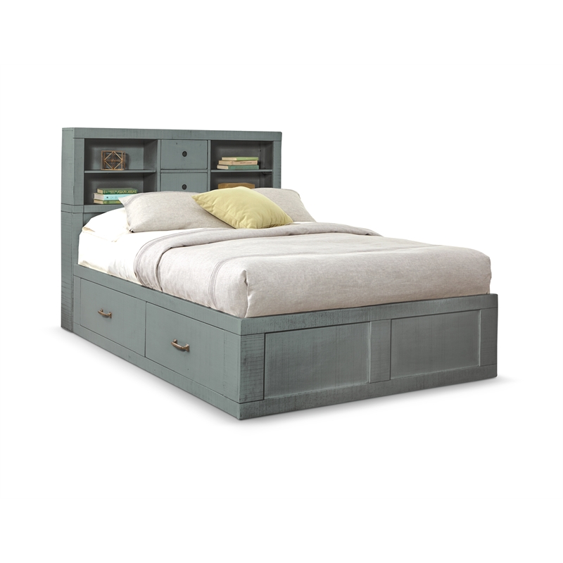 Pemberly Row Contemporary Solid Wood Full Captains Bookcase Storage Bed