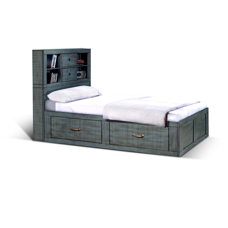 Pemberly Row Contemporary Solid Wood Twin Captains Bookcase Storage Bed