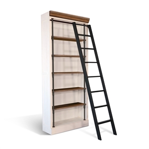 Pemberly Row Solid Wood Farmhouse White Bookcase with Wood Ladder