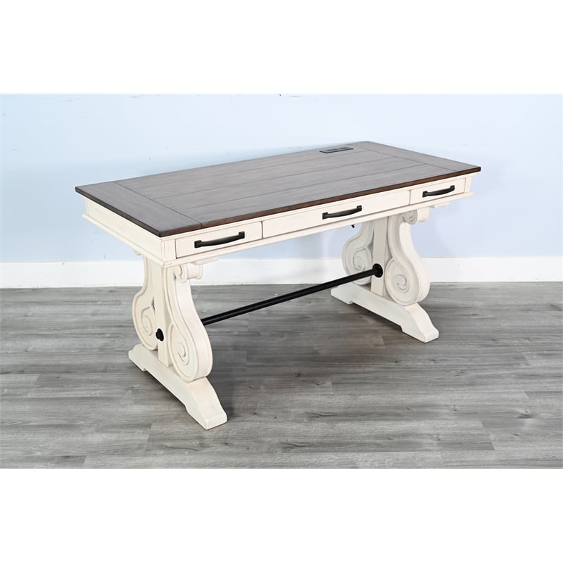 Pemberly Row Contemporary Solid Wood White Desk with Power Strip