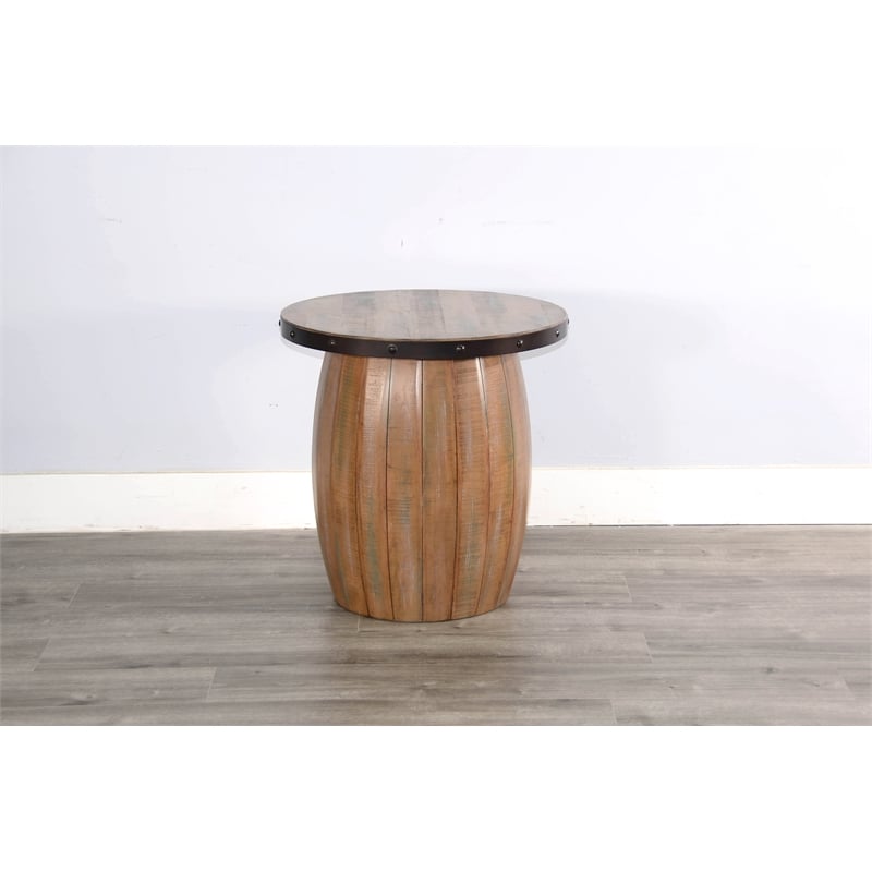 Pemberly Row Solid Wood Farmhouse Round Industrial Barrel End Table