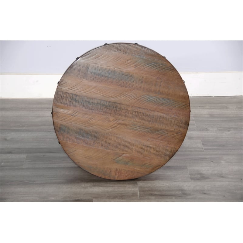 Pemberly Row Solid Wood Farmhouse Round Industrial Barrel End Table