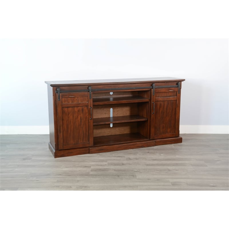 Pemberly Row Farmhouse Vintage Mocha Sliding Barn Door TV Console