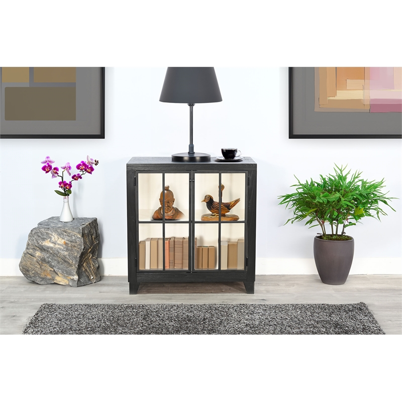 Pemberly Row Contemporary Black Glass Door Cabinet with Shelving