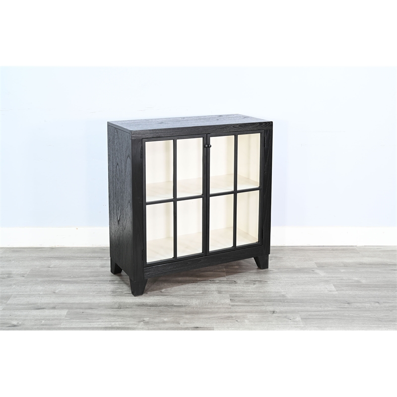 Pemberly Row Contemporary Black Glass Door Cabinet with Shelving