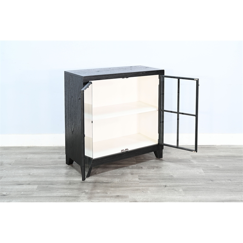 Pemberly Row Contemporary Black Glass Door Cabinet with Shelving